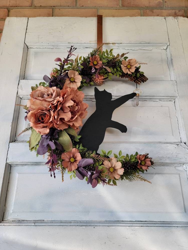 Witchy Crystal Wildflower Cat Crescent Moon Front Door Wreath • Bohemian Botanical Celestial Hanger • Cottagecore Decor • Cat Lovers Gift