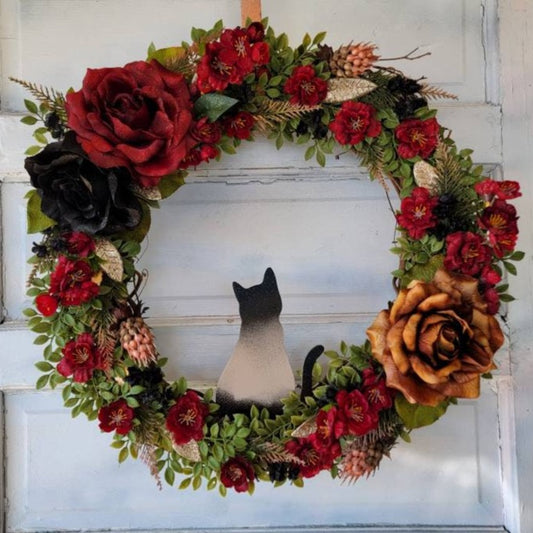 Red, Gold & Black Grapevine Cat Wreath