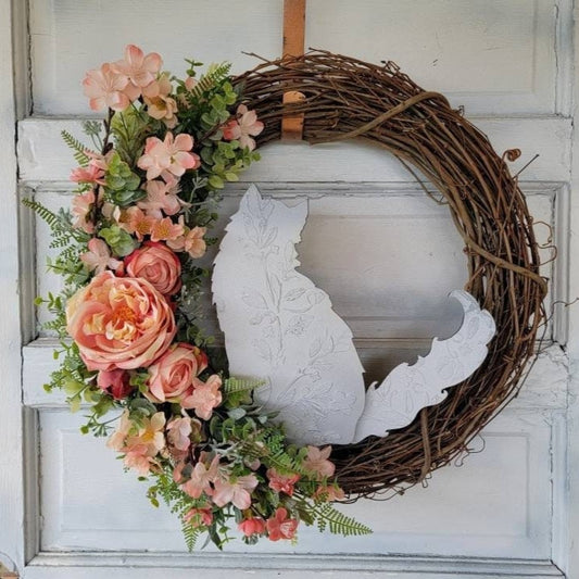 Pink & Creamsicle Long Haired Cat Spring Grapevine Wreath