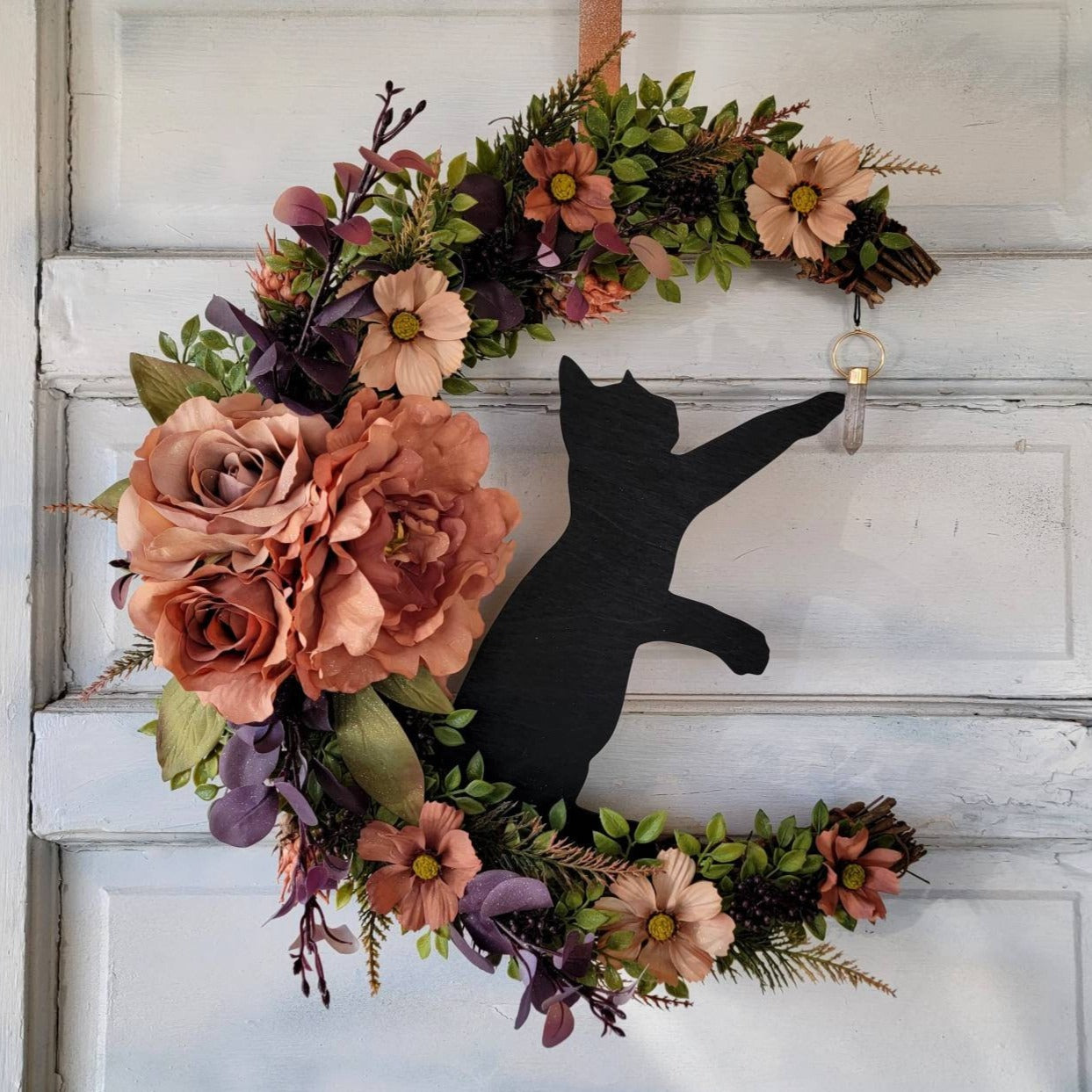 Witchy Crystal Wildflower Cat Crescent Moon Front Door Wreath • Bohemian Botanical Celestial Hanger • Cottagecore Decor • Cat Lovers Gift