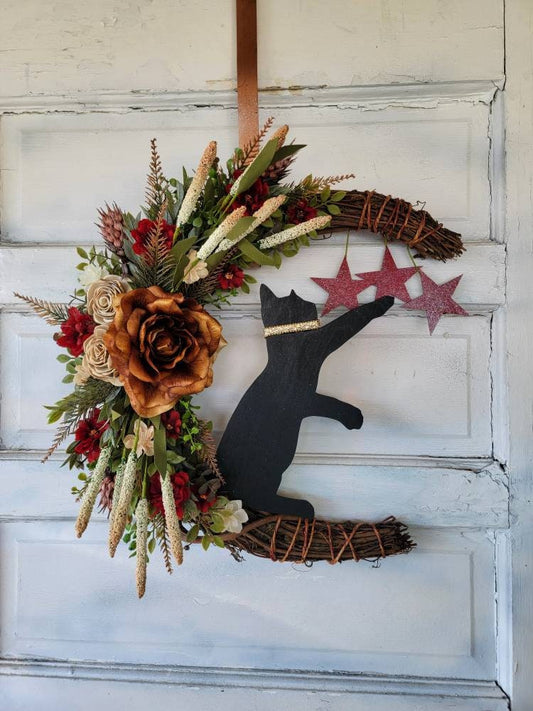 Rust & Burgundy Flowers Black Cat Crescent Moon Wreath