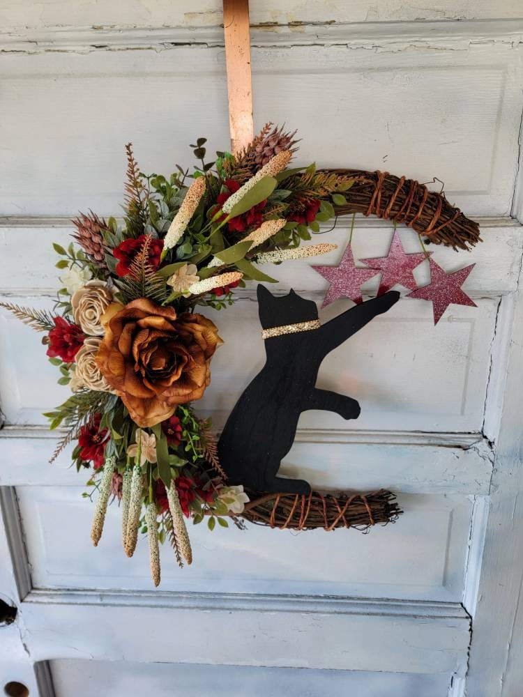 Rust & Burgundy Flowers Black Cat Crescent Moon Wreath