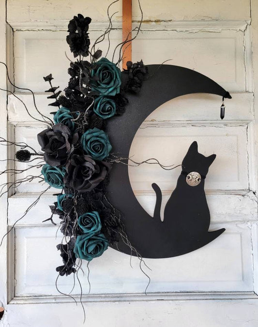 Dark Green Pentacle Collar Black Cat Moon Wreath