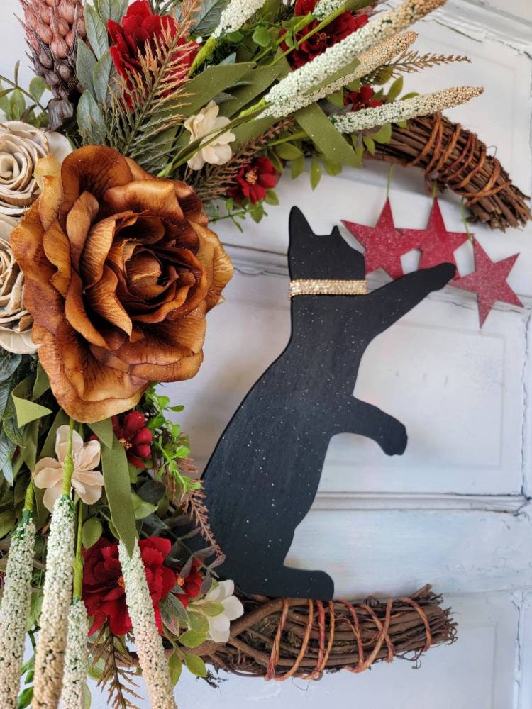 Rust & Burgundy Flowers Black Cat Crescent Moon Wreath