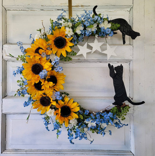 Sunflower Black Cats Crescent Moon Wreath