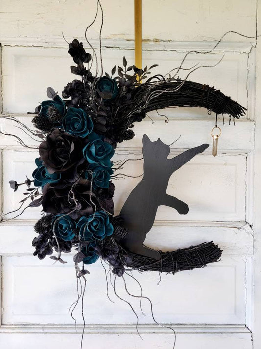 Witchy Hag Teal Black Cat Crescent Moon Wreath