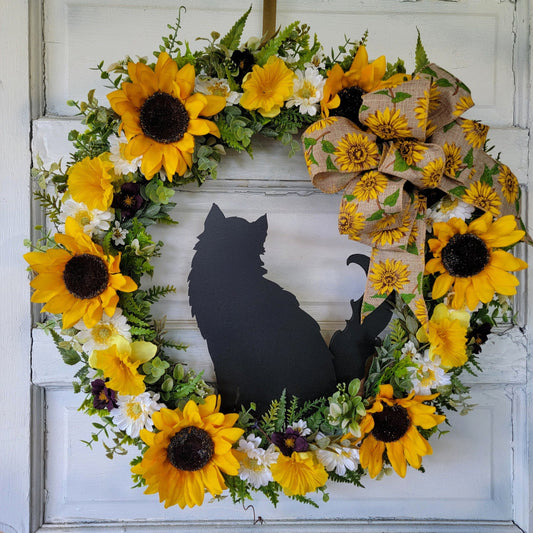 Sunflower Cat Wreath Long Haired 18" Grapevine w/ Daffodils & Bow • Farmhouse Front Door Hanger • Animal Lovers Decor • Cat Lovers Gift